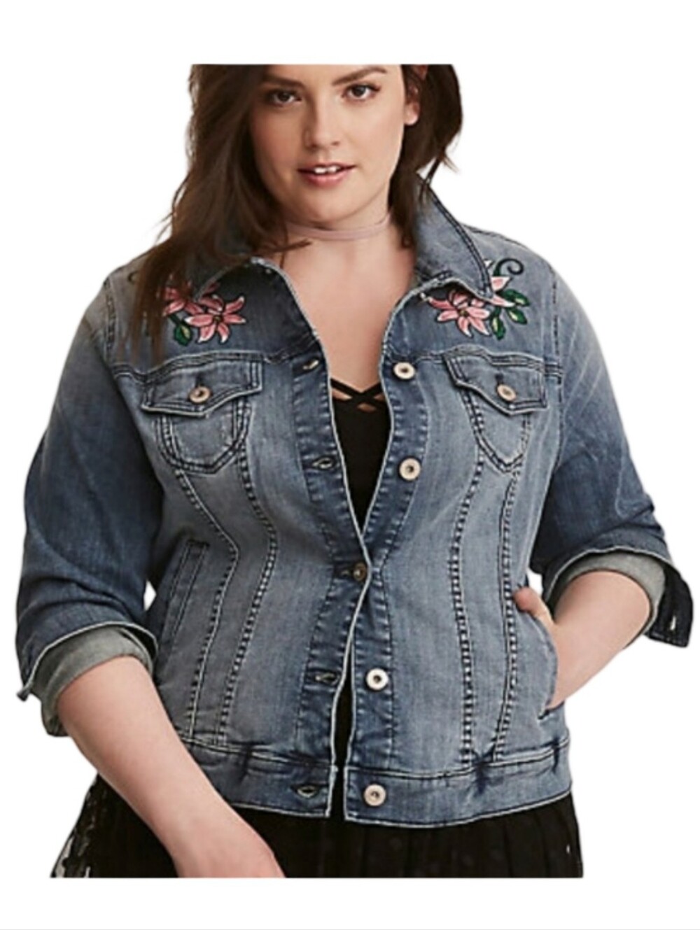 Torrid Fearless Embroidered Tiger Floral Denim Trucker Jacket Medium Wash Plus - Picture 3 of 16